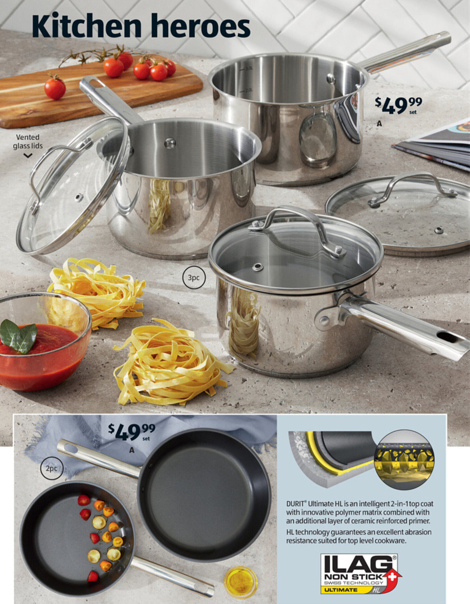 Stainless Steel Pan Sets 3pc Saucepan Set, 2pc Frypan Set offer at ALDI