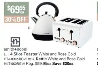 Harris Scarfe Smith+nobel 4 Slice Toaster White and Rose Gold HTA4002-RGW or ii. Kettle White and Rose Gold GKT-900RGW offer