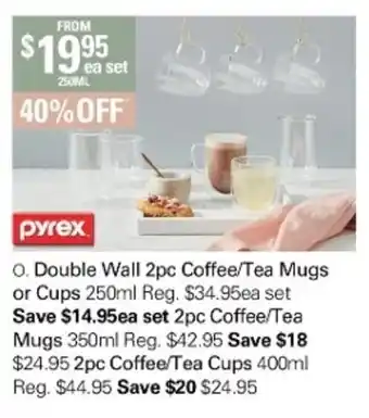 Harris Scarfe Pyrex Double Wall Tea Mugs or Cups Set 250ml offer