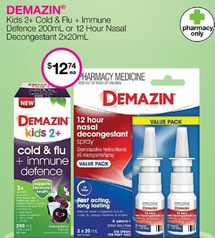 DEMAZINⓇ Kids 2+ Cold & Flu + Immune Defence 200mL or 12 Hour Nasal