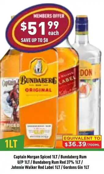 Liquor Legends Captain Morgan Spiced 1Lt/ Bundaberg Rum U/P 1Lt/ Bundaberg Rum Red 37% 1Lt/ Johnnie Walker Red Label 1Lt/Gordons Gin 1Lt offer