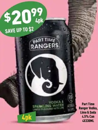 Part Time Ranger Vodka, Lime & Soda 4.5% Can 4x330ml