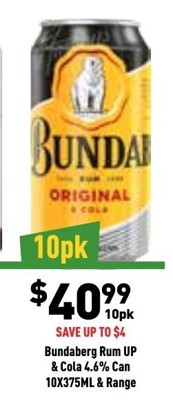 Liquor Legends Bundaberg Rum Up & Cola 4.6% Can 10x375ml&Range offer