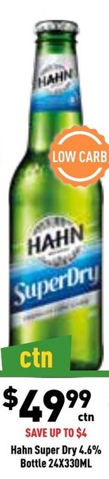 Hahn Super Dry 4.6% Bottle 24x330ml