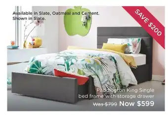 Snooze Paddington King Single Bed Frame with Storage Drawer offer