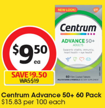 Coles Centrum Advance 50+ 60 Pack $15.83 per 100 each offer