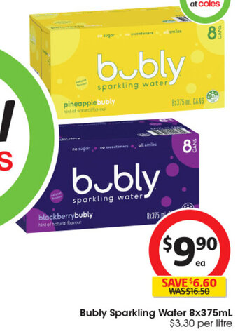 Coles Bubly Sparkling Water 8x375mL $3.30 per litre offer