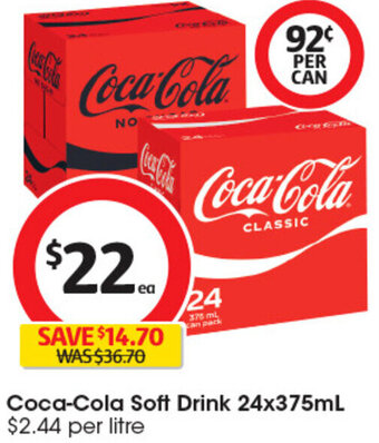 Coles Coca-Cola Soft Drink 24x375mL $2.44 per litre offer