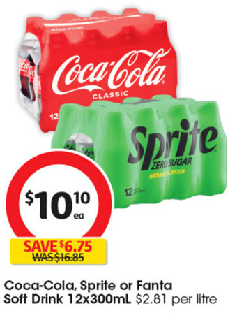 Coles Coca-Cola, Sprite or Fanta Soft Drink 12x300mL $2.81 per litre offer