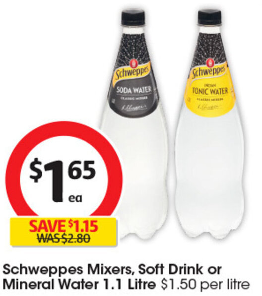 Schweppes Mixers, Soft Drink or Mineral Water 1.1 Litre 1.50 per litre