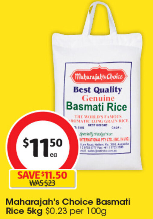 Maharajah's Choice Basmati Rice 5kg 0.23 per 100g offer at Coles