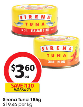 Coles Sirena Tuna 185g $19.46 per kg offer