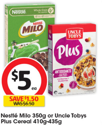 Coles Nestlé Milo 350g or Uncle Tobys Plus Cereal 410g-435g offer