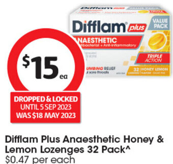 Coles Difflam Plus Anaesthetic Honey & Lemon Lozenges 32 Pack^ $0.47 per each offer