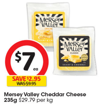 Coles Mersey Valley Cheddar Cheese 235g $29.79 per kg offer
