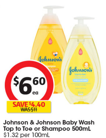 Johnson & Johnson Baby Wash Top to Toe or Shampoo 500mL $1.32 per 100mL