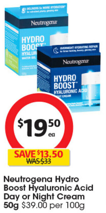 Coles Neutrogena Hydro Boost Hyaluronic Acid Day or Night Cream 50g $39.00 per 100g offer