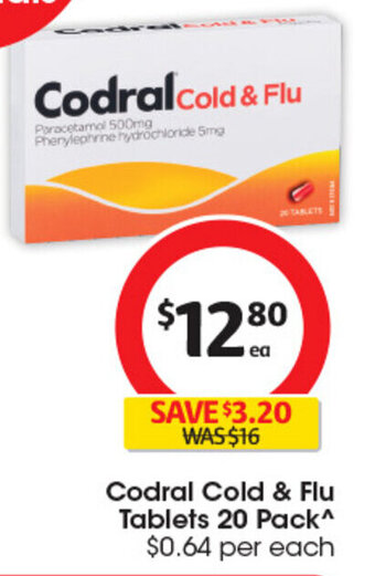 Coles Codral Cold & Flu Tablets 20 Pack^ $0.64 per each offer