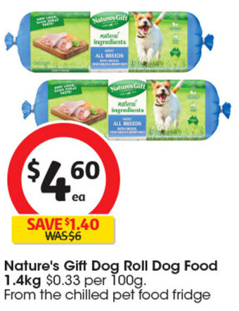 Coles Nature's Gift Dog Roll Dog Food 1.4kg $0.33 per 100g. offer