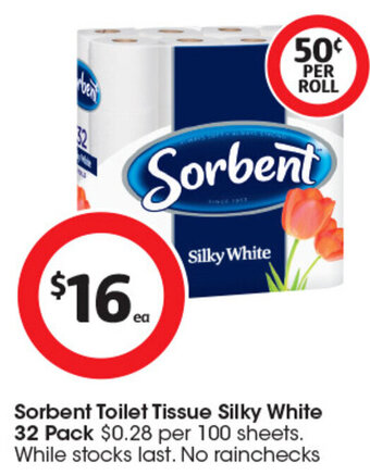 Coles Sorbent Toilet Tissue Silky White 32 Pack $0.28 per 100 sheets. While stocks last. No rainchecks offer