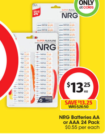 Coles NRG Batteries AA or AAA 24 Pack $0.55 per each offer