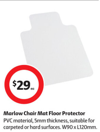 Coles Marlow Chair Mat Floor Protector PVC material, 5mm thickness, suitable for carpeted or hard surfaces. W90 x L120mm. offer