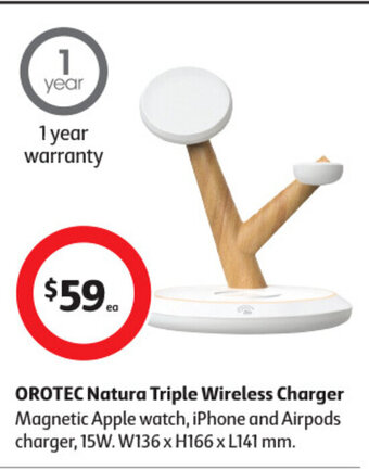 Coles OROTEC Natura Triple Wireless Charger Magnetic Apple watch, iPhone and Airpods charger, 15W. W136 x H166 x L141 mm. offer