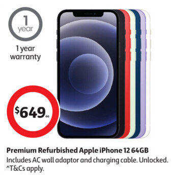 Coles Premium Refurbished Apple iPhone 12 64GB Includes AC wall adaptor and charging cable. Unlocked. ^T&Cs apply. offer