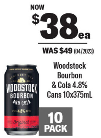 Coles Woodstock Bourbon & Cola 4.8% Cans 10x375mL offer