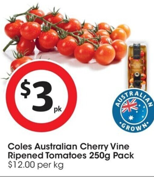 Coles Australian Cherry Vine Ripened Tomatoes 250g Pack 12.00 per kg