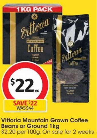 Coles Vittoria Mountain Grown Coffee Beans or Ground 1kg offer