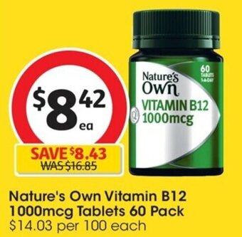 Coles Nature's Own Vitamin B12 1000mcg Tablets 60 Pack $14.03 per 100 each offer