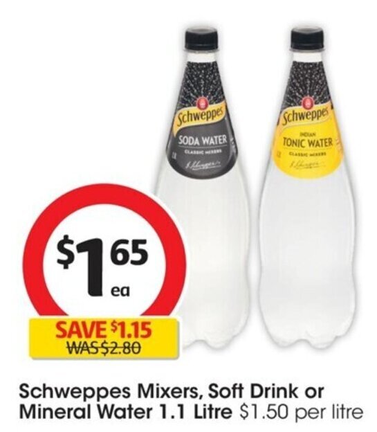 Schweppes Mixers, Soft Drink or Mineral Water 1.1 Litre 1.50 per litre