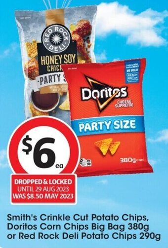 Coles Smith's Crinkle Cut Potato Chips, Doritos Corn Chips Big Bag 380g or Red Rock Deli Potato Chips 290g offer