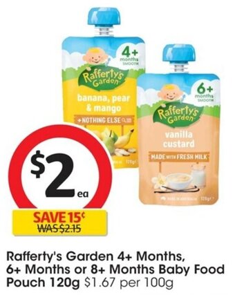 Coles Rafferty's Garden 4+ Months, 6+ Months or 8+ Months Baby Food Pouch 120g $1.67 per 100g offer