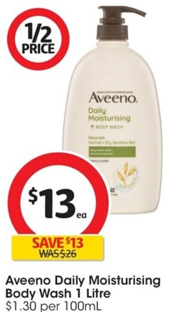Aveeno Daily Moisturising Body Wash 1 Litre $1.30 per 100mL