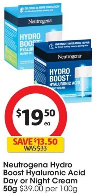 Coles Neutrogena Hydro Boost Hyaluronic Acid Day or Night Cream 50g $39.00 per 100g offer