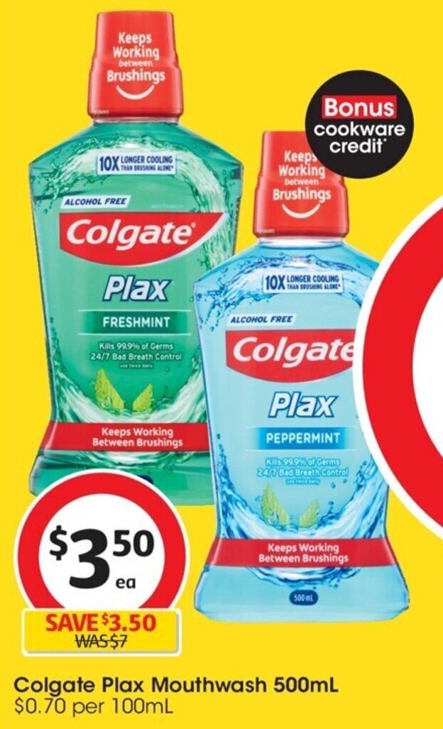 Colgate Plax Mouthwash 500mL 0.70 per 100mL offer at Coles