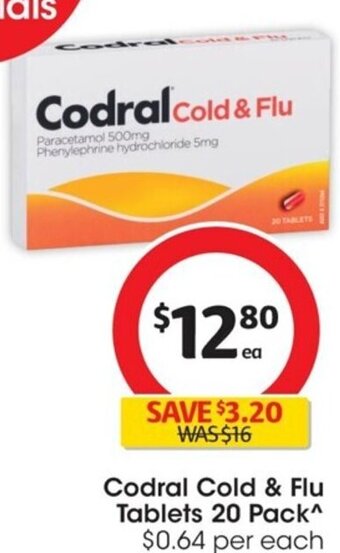 Coles Codral Cold & Flu Tablets 20 Pack^ $0.64 per each offer