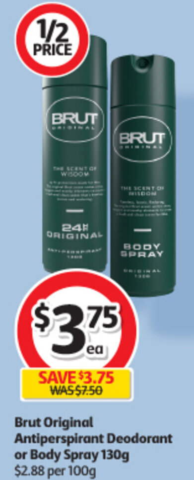 Brut Original Antiperspirant Deodorant Or Body Spray 130g 2 88 Per 100g Offer At Coles