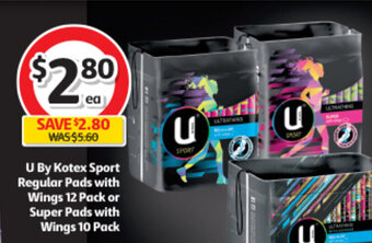 Coles U By Kotex Sport Regular Pads with Wings 12 Pack or Super Pads with Wings 10 Pack offer