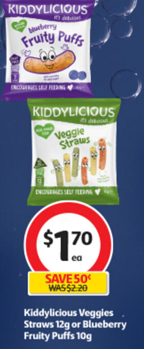 Kiddylicious Veggies Straws 12g or Blueberry Fruity Puffs 10g