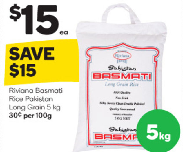 Riviana Basmati Rice Pakistan Long Grain 5 kg 30¢ per 100g offer at