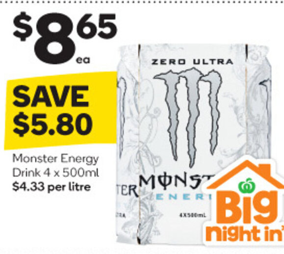 Monster Energy Drink 4 x 500ml 4.33 per litre offer at Woolworths