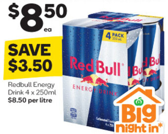 Woolworths Redbull Energy Drink 4 x 250ml $8.50 per litre offer