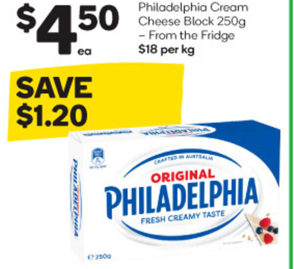 Philadelphia Cream Cheese Block 250g From the Fridge 18 per kg offer