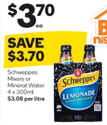 Woolworths Schweppes Mixers or Mineral Water 4 x 300ml offer