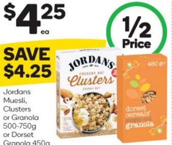 Woolworths Jordans Muesli, Clusters or Granola 500-750g or Dorset Granola 450g offer