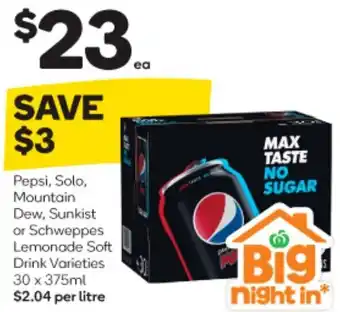 Woolworths Pepsi, Solo, Mountain Dew, Sunkist or Schweppes Lemonade Soft Drink Varieties 30 x 375ml $2.04 per litre offer