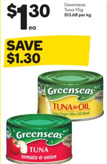 Woolworths Greenseas Tuna 95g $13.68 per kg offer